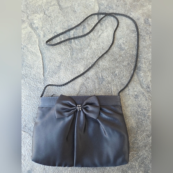 Chateau Handbags - Vintage Chateau Elegant Black Satin Evening Bag With Bow And Rhinstone Accent